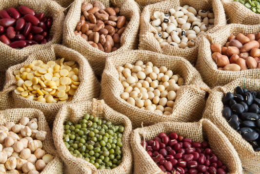 bags of colorful legumes